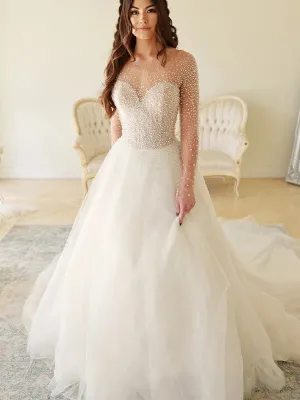 A-line Long Sleeves Beaded Vintage Wedding Dresses,Amazing Bridal Dress