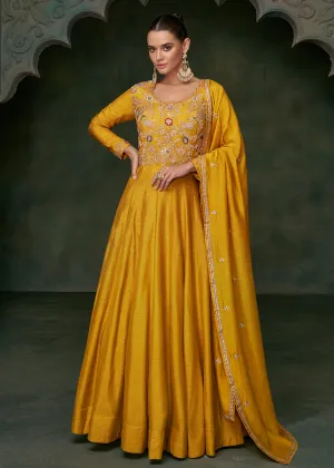 Haldi Wear Mustard Premium Silk Indian Anarkali Gown