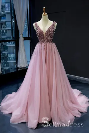 A-line Beaded Sparkly Princess Long Prom Dress Pink Formal Evening Gowns SED063