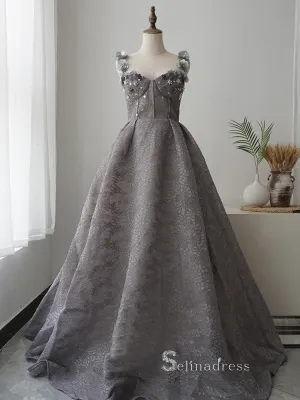 A-line Gray Straps Lace Applique Long Prom Dresses Luxury Evening Dresses ASB021