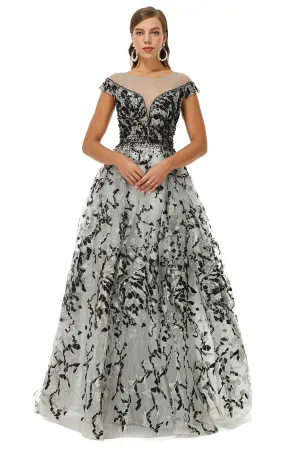 A-line Jewel Beaded Floor-length cap sleeve Sequined Prom Dresses