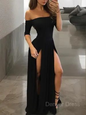 A-Line Off-the-Shoulder Floor-Length Jersey Prom Dresses With Leg Slit