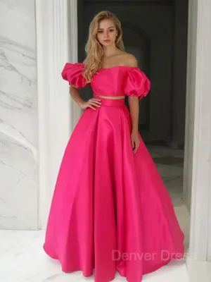 A-Line Off-the-Shoulder Floor-Length Satin Prom Dresses