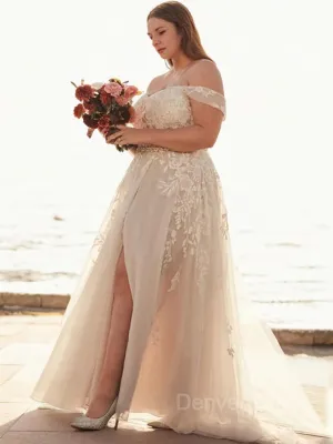 A-Line Off-the-Shoulder Sweep Train Tulle Wedding Dresses With Leg Slit