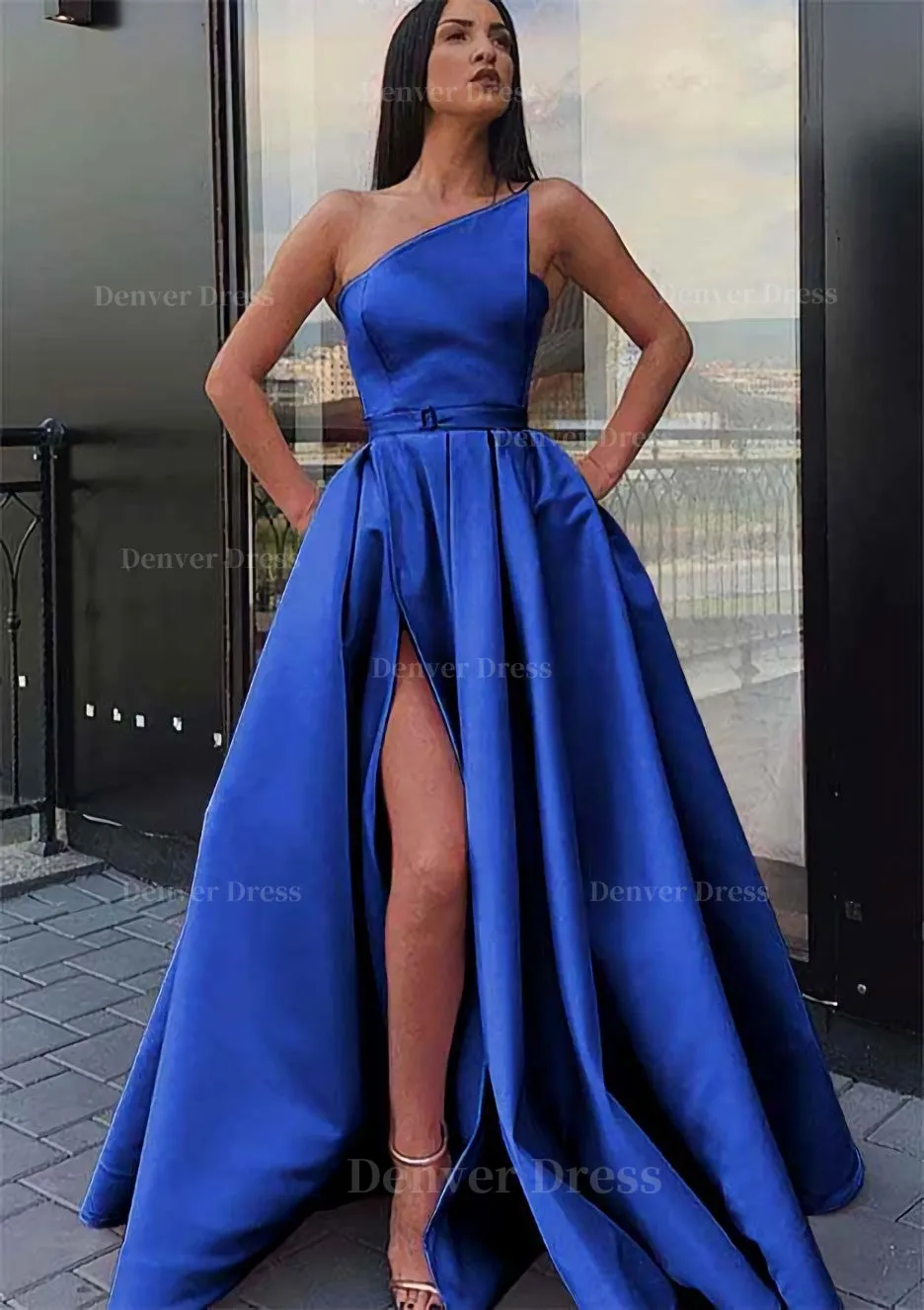 A-line One-Shoulder Long/Floor-Length Satin Prom Dress With Pockets Waistband Split