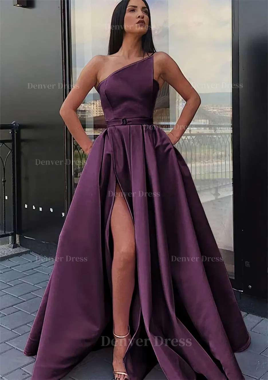 A-line One-Shoulder Long/Floor-Length Satin Prom Dress With Pockets Waistband Split