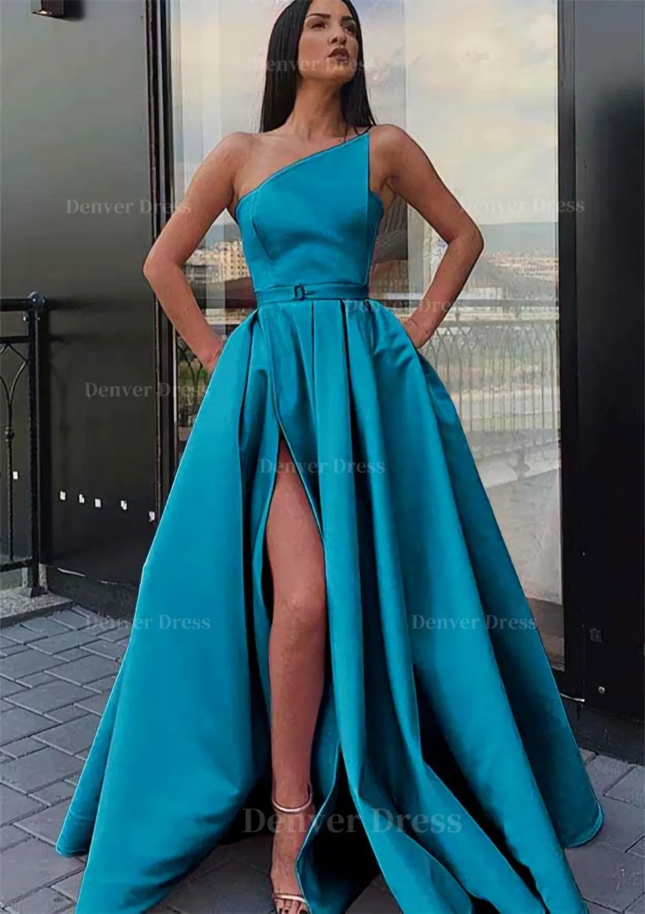 A-line One-Shoulder Long/Floor-Length Satin Prom Dress With Pockets Waistband Split