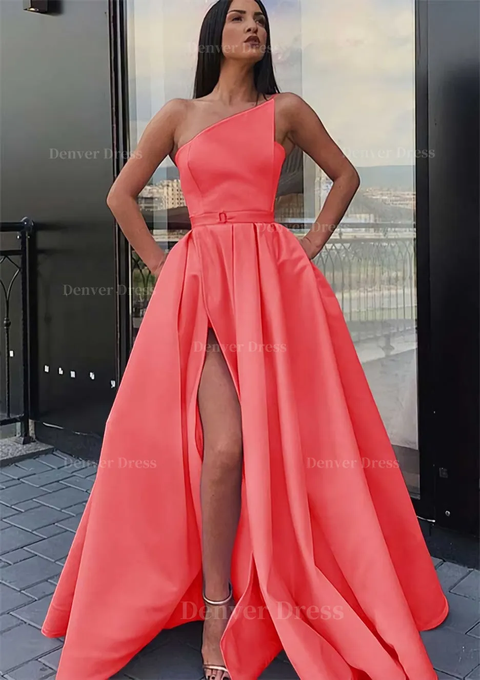 A-line One-Shoulder Long/Floor-Length Satin Prom Dress With Pockets Waistband Split