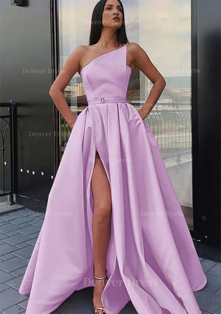 A-line One-Shoulder Long/Floor-Length Satin Prom Dress With Pockets Waistband Split