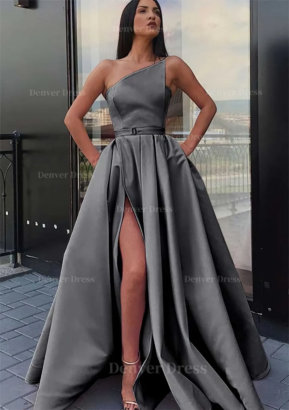 A-line One-Shoulder Long/Floor-Length Satin Prom Dress With Pockets Waistband Split