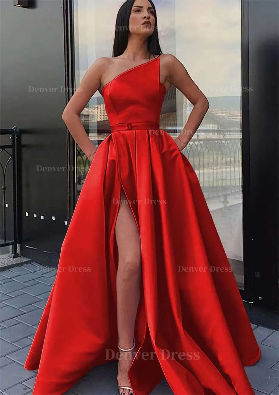 A-line One-Shoulder Long/Floor-Length Satin Prom Dress With Pockets Waistband Split