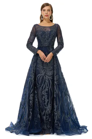 A-line Round Floor-length Long Sleeve Appliques Lace Beaded Prom Dresses