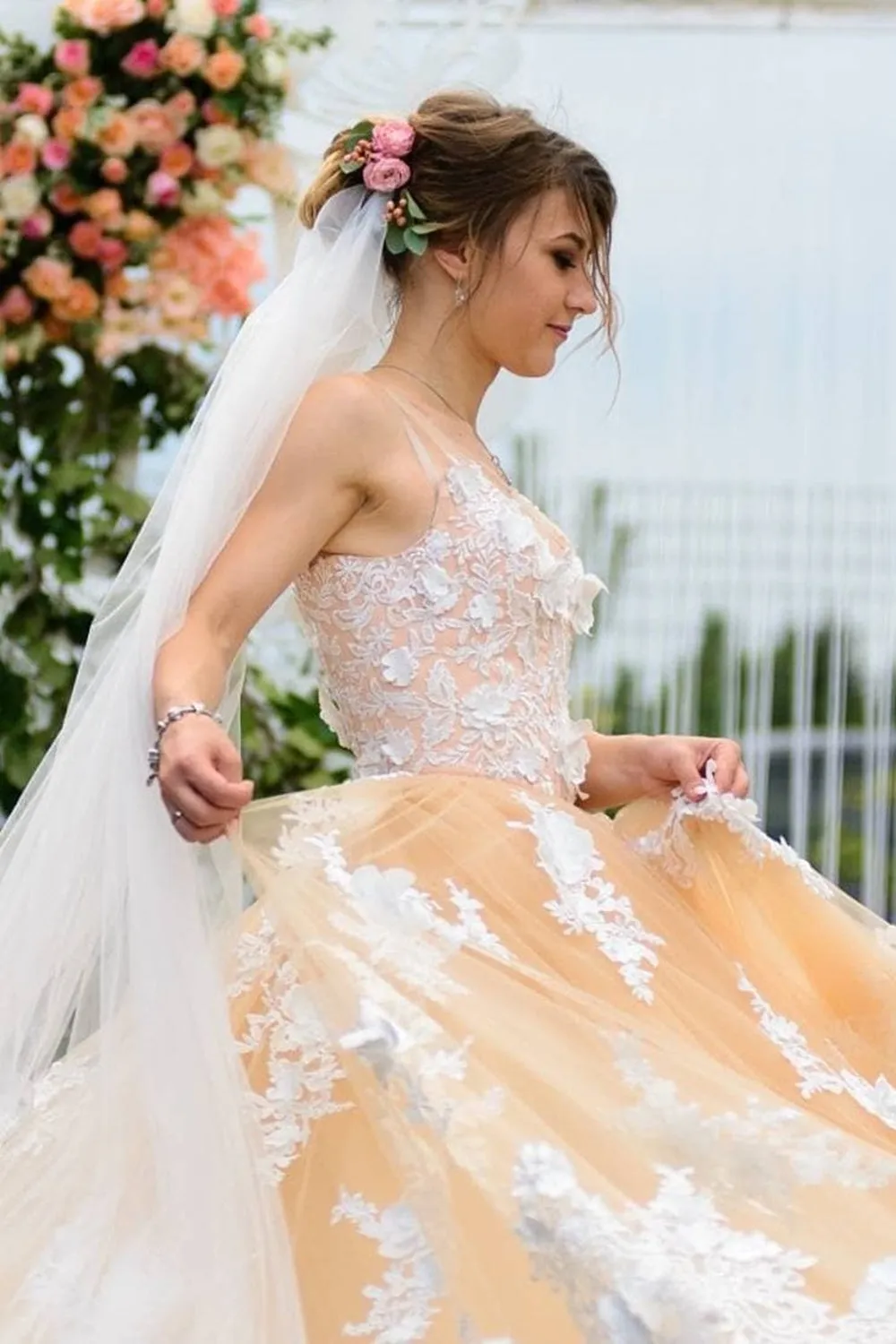 A-line Sleevelesss Tulle Lace Wedding Dress Long Prom Dress