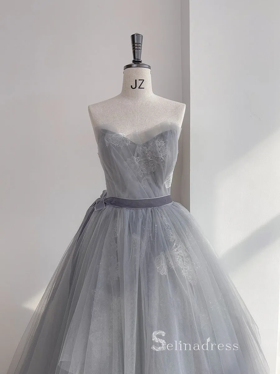 A-line Strapless Gray Long Prom Dress Ball Gown Princess Evening Dresses GKF025