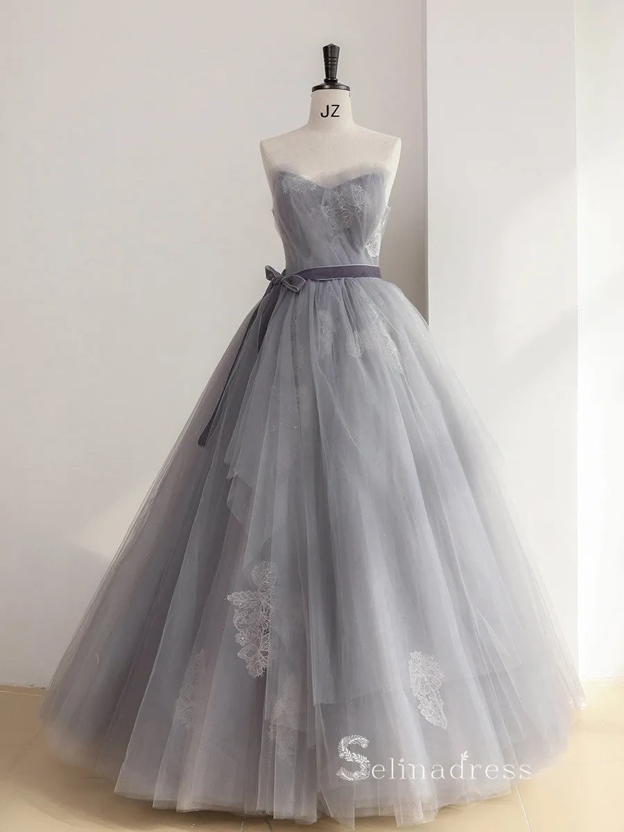 A-line Strapless Gray Long Prom Dress Ball Gown Princess Evening Dresses GKF025