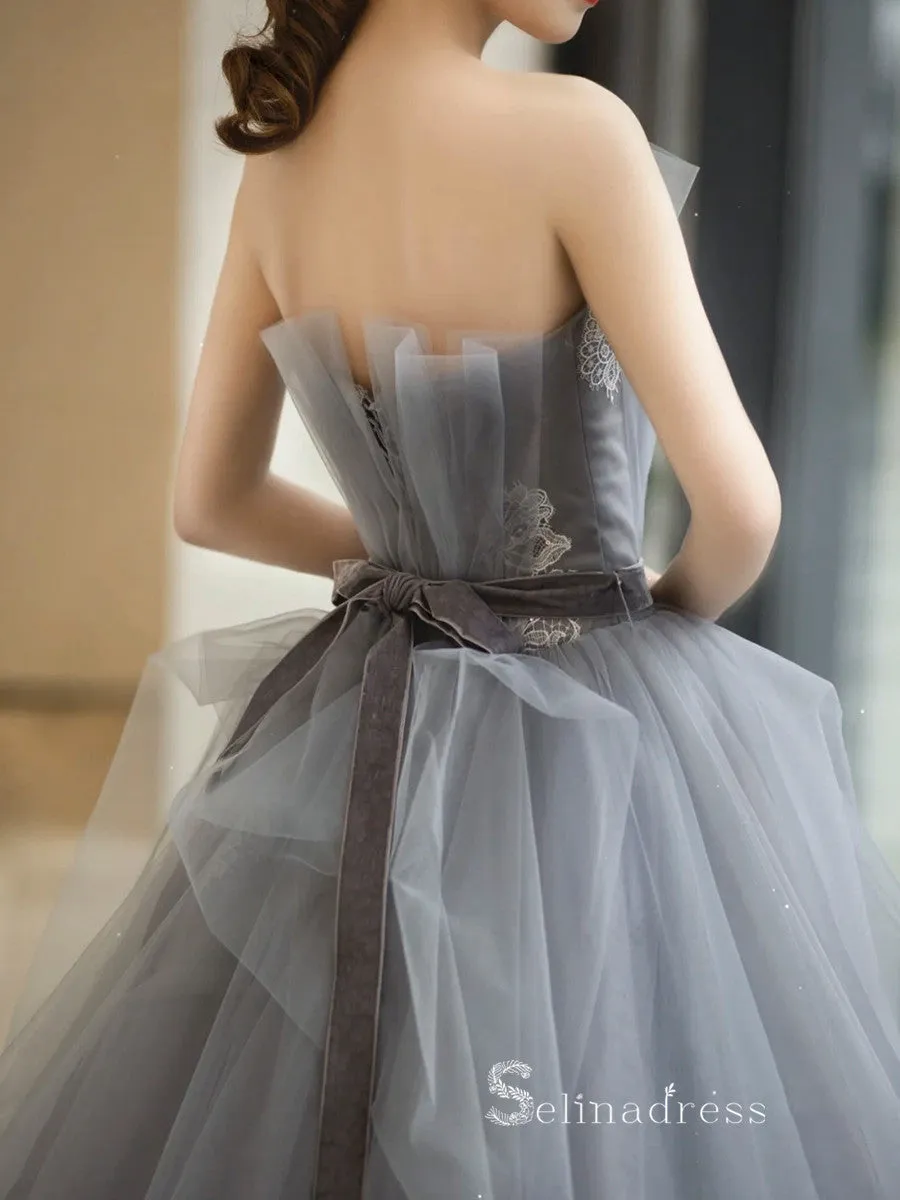 A-line Strapless Gray Long Prom Dress Ball Gown Princess Evening Dresses GKF025