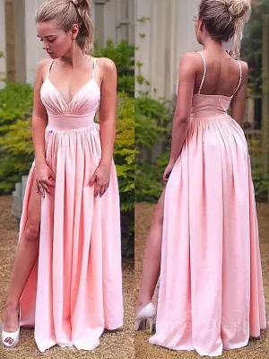 A-Line Straps Floor-Length Stretch Crepe Prom Dresses With Leg Slit