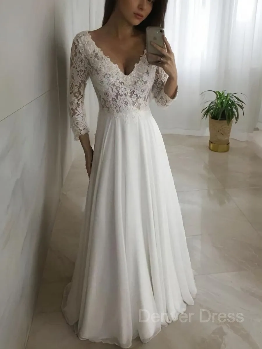 A-Line V-neck Floor-Length Chiffon Wedding Dresses With Appliques Lace