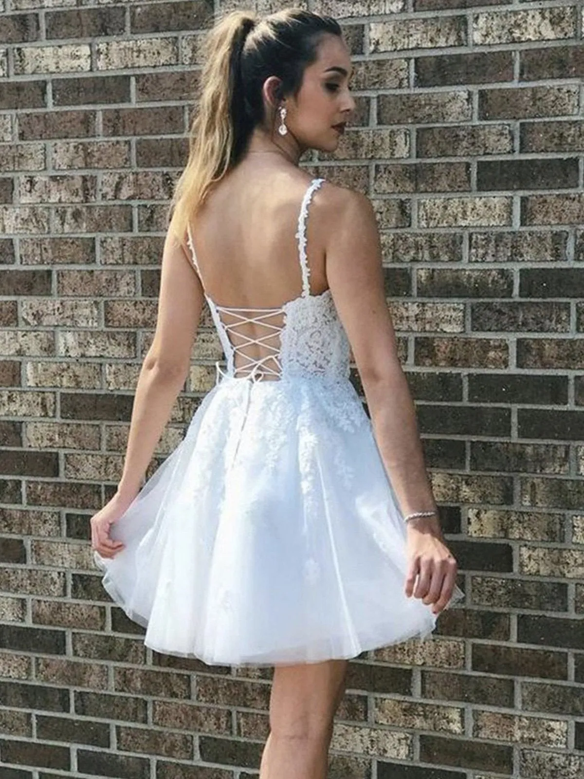 A Line V Neck Short White Lace Prom Dresses, Short White Lace Formal Homecoming Dresses