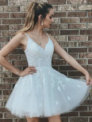 A Line V Neck Short White Lace Prom Dresses, Short White Lace Formal Homecoming Dresses