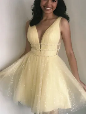 A Line V Neck Short Yellow Prom Dresses, Short Yellow Graduation Homecoming Dresses