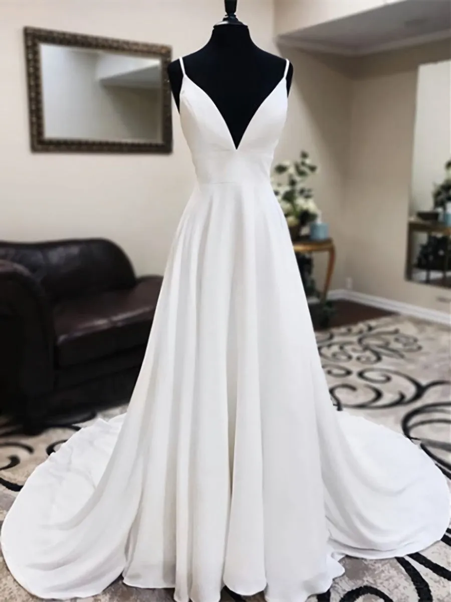 A Line V Neck White Wedding Dresses with Sweep Train, White Formal Evening Prom Dresses