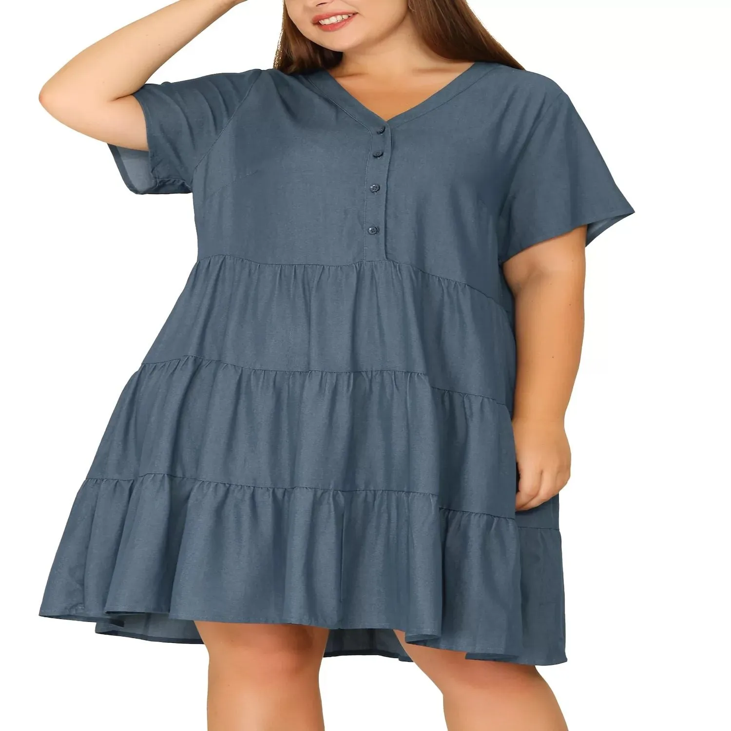 Agnes Orinda Women's Denim Tiered Chambray Midi Dress Plus Size Short Sleeve , grey/black