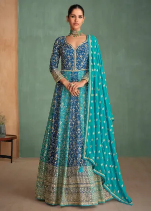 Blue Multi Embroidered Wedding Festive Anarkali Gown