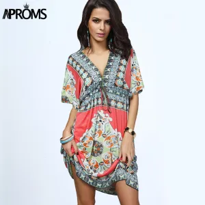 Boho Summer Women Dress Sexy Loose Sundresses Deep V Neck Dashiki Print Tunic Beach Dresses Big Size 2XL Woman SunDress Robe