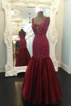 Burgundy Rhinestones Mermaid Evening Dress with Skirt,Formal Dresses