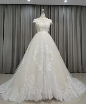 Cap Sleeves Ball Gown Lace Princess Wedding Dress