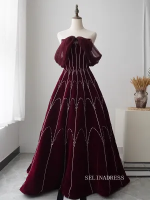 Chic A-line Detachable Straps Burgundy Beaded Long Prom Dress Elegant Evening Dress #KOP004