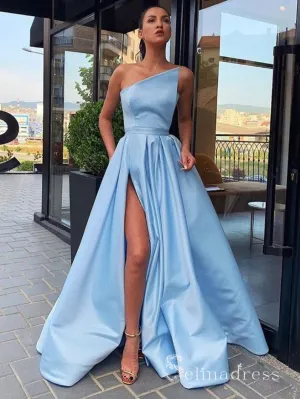 Chic A-line Strapless Light Sky Blue Satin Long Prom Dresses Cheap Evening Dress CBD275