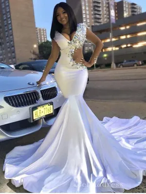 Chic Mermaid Deep V neck White Long Prom Dresses Sexy African Evening Dress CBD398