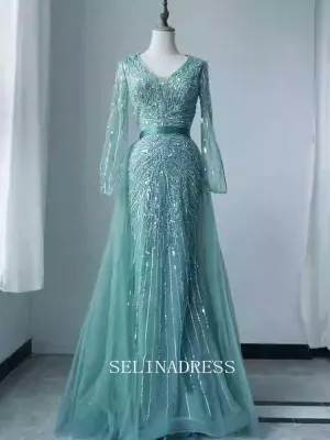 Chic Mermaid Long Sleeve Beaded Prom Dresses Elegant Evening Dress TKL3080