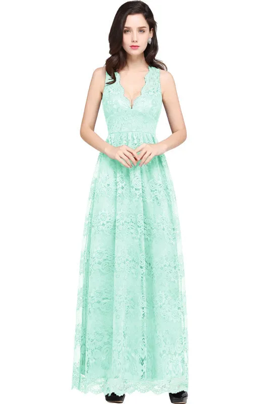 Chic Ruched Chiffon Aline Bridesmaid Dress Floral Lace V-Neck Ankle Length Formal Dresses