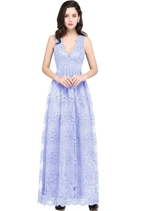 Chic Ruched Chiffon Aline Bridesmaid Dress Floral Lace V-Neck Ankle Length Formal Dresses