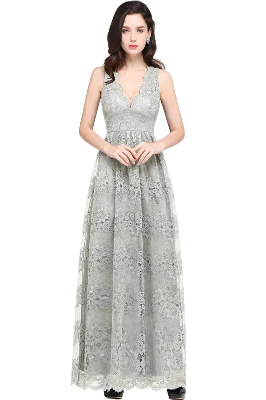 Chic Ruched Chiffon Aline Bridesmaid Dress Floral Lace V-Neck Ankle Length Formal Dresses