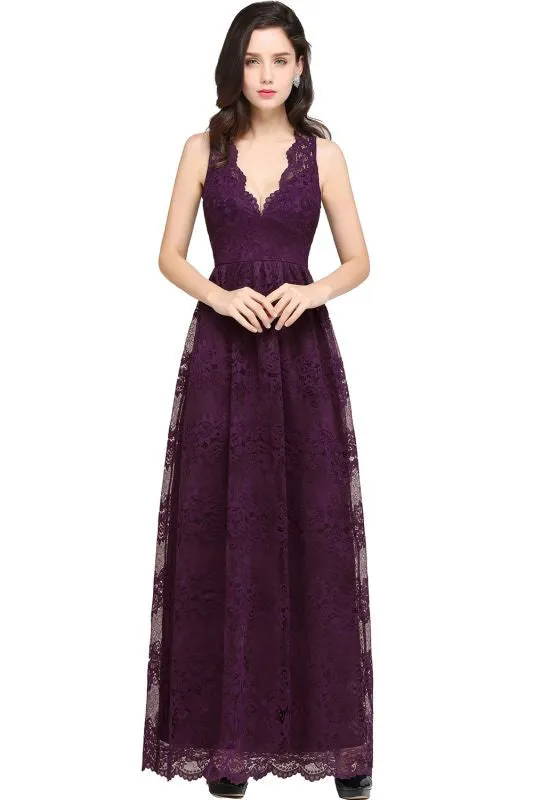 Chic Ruched Chiffon Aline Bridesmaid Dress Floral Lace V-Neck Ankle Length Formal Dresses