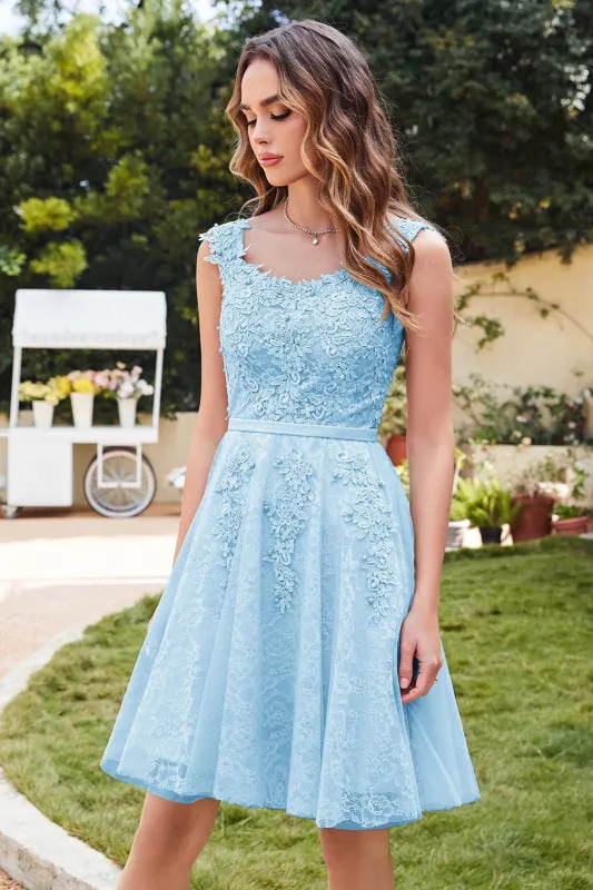 Chic Scoop Neck Tulle Lace Appliques Short Homecoming Dress Sleeveless Mini Party Dress