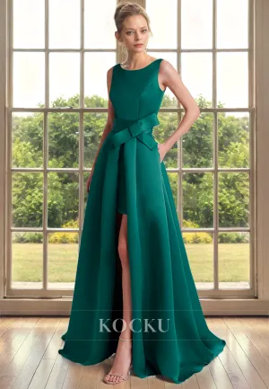 Couture Sleeveless Split A-Line Bowknot Belt Cocktail Mother of the Bride Dress