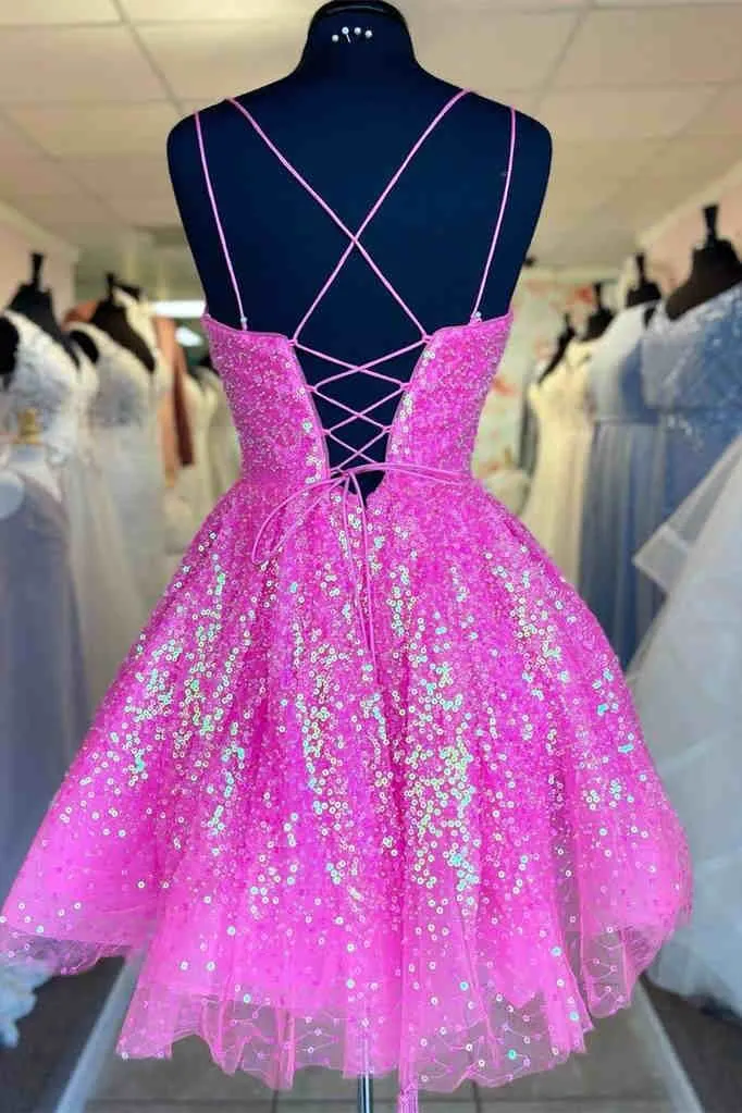 Cute Hot Pink Sequins A-Line Homecoming Dress #TKD040