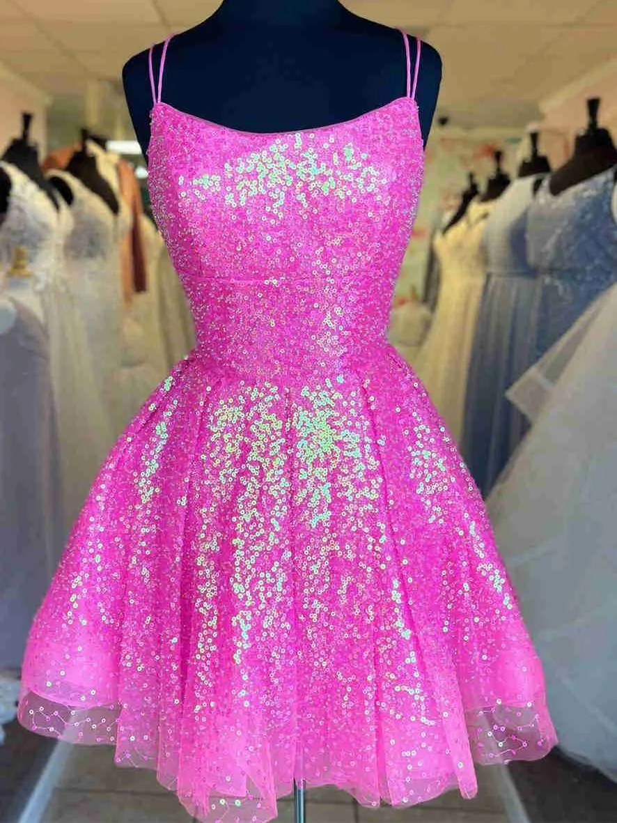 Cute Hot Pink Sequins A-Line Homecoming Dress #TKD040