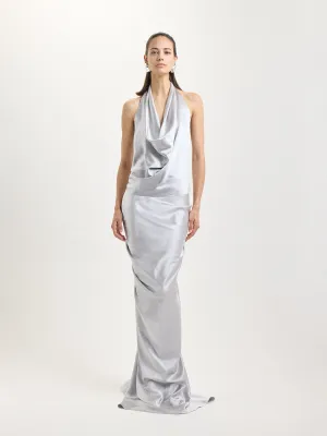 Draped Silk Maxi Skirt in Silver