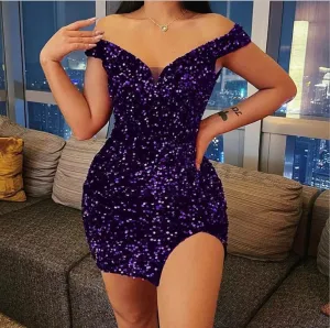 Glitter Sequin Purple Short Cocktail Dress Club Night Dresses