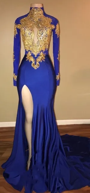 Gorgeous Royal Blue Prom Dresses Gold Appliques Side Slit Mermaid Evening Dresses_