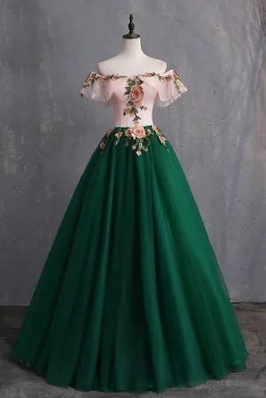 Green Off the Shoulder Floor Length Prom Dress with Appliques Puffy Quinceanera Dress