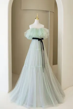 Green Tulle Floor Length Prom Dress A-Line Off Shoulder Evening Dress