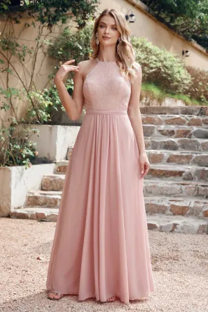 Halter Pleated Chiffon Aline Bridesmaid Dress Floral Lace Floor Length Evening Dress