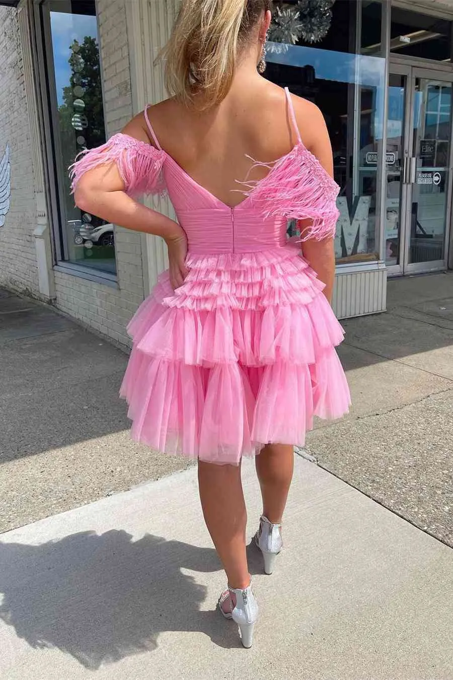 Hot Pink Cold Sleeves Tiered Tulle Party Dress Short Cocktail Dresses